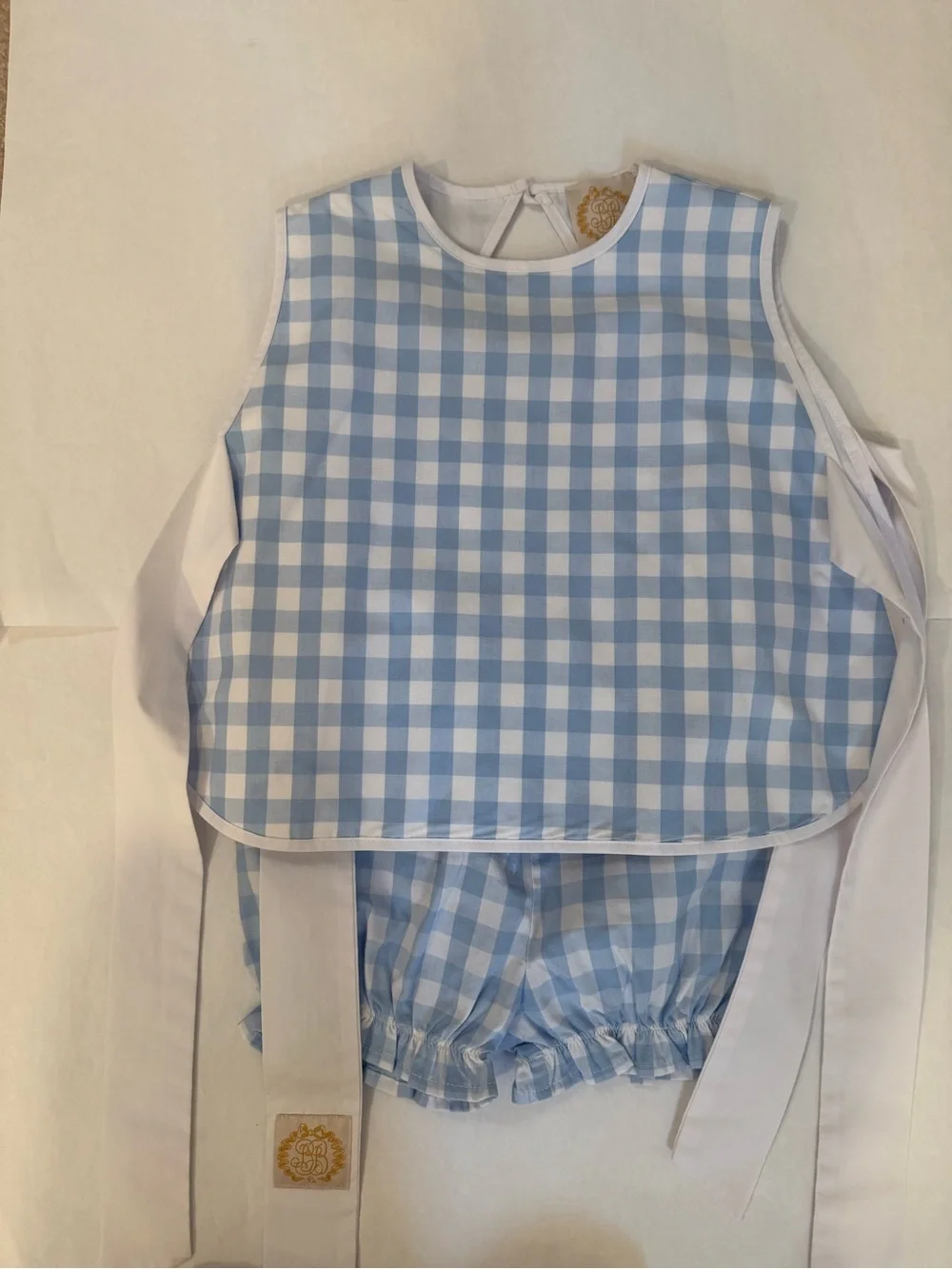 The Beaufort Bonnet CompanyBlue Gingham Kids Bib Set - Smock and Bloomers